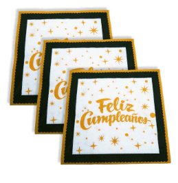 SERVILLETA FELIZ CUMPLEAÑOS NEGRO-BLANCO-DORADO X16 UND 33X33 CM