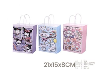 BOLSA DE PAPEL 21 X 15 X 8 CM KUROMI/CINNAMONROLL/MY MELODY 12 UND