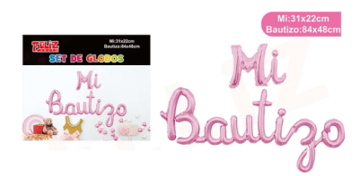 GUIRNALDA MI BAUTIZO GLOBO ROSADO FOIL LETRA