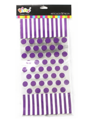 BOLSA SORPRESA CON AMARRAS PUNTOS MORADOS 10 UND
