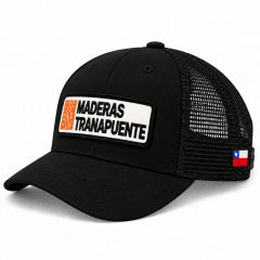 Miniatura de Gorro Trucker Maderas Tranapuente Negro — Parche Frontal y Bandera de Chile