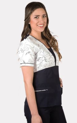 Scrubs Medico Enfermera Modelo Tulipán Combinado Flor Grande Azul Marino