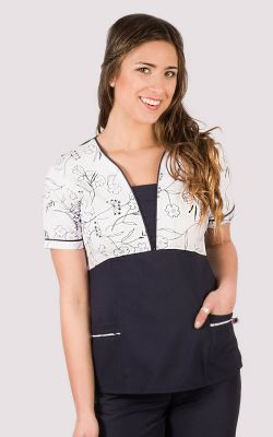 Scrubs Medico Enfermera Modelo Tulipán Combinado Flor Grande Azul Marino1