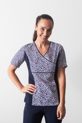 Uniforme Clinico Delantal Petunia Spandex Azul Marino Animal Print