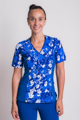 Uniforme Clínico Delantal Mujer Petunia Spandex Flores Azul Rey