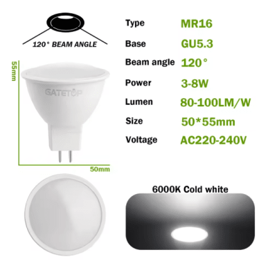 Ampolleta MR16 GU5.3 AC 220V 3W LED Blanco Frio
