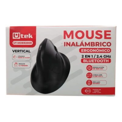 Mouse Inalámbrico/Bluetooth Utek Vertical Recargable Silencioso Negro UT-MOER300R
