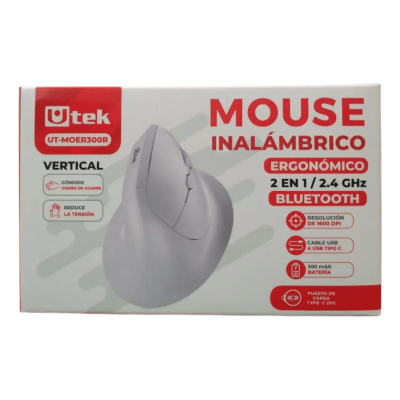 Mouse Inalámbrico/Bluetooth Utek Vertical Recargable Silencioso Blanco UT-MOER300R