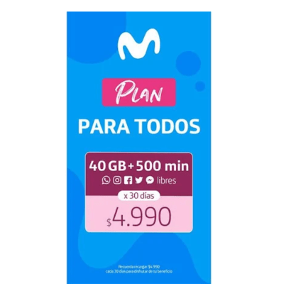 Chip Prepago Movistar Plan Para Todos 40GB + 500 min  300602