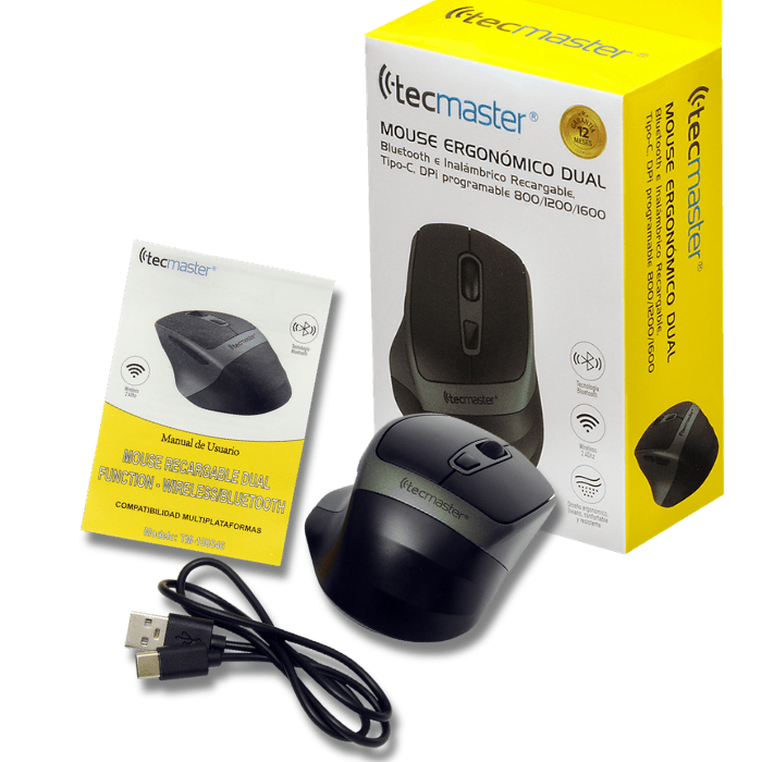 Mouse Inalámbrico/Bluetooth Tecmaster Ergonómico Recargable Tipo C3