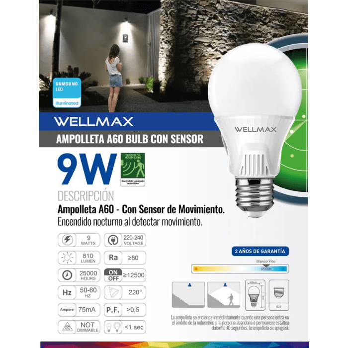 Ampolleta LED WellMax E27 9w Luz Fría Sensor Movimiento/Fotocelda4