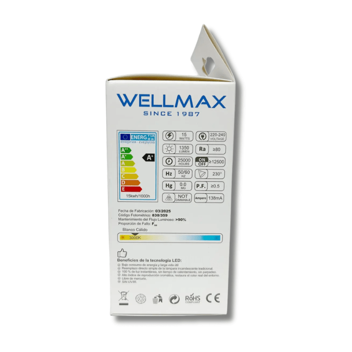 Ampolleta LED WellMax E27 Ballet A60 1un. 15W Luz Fría4