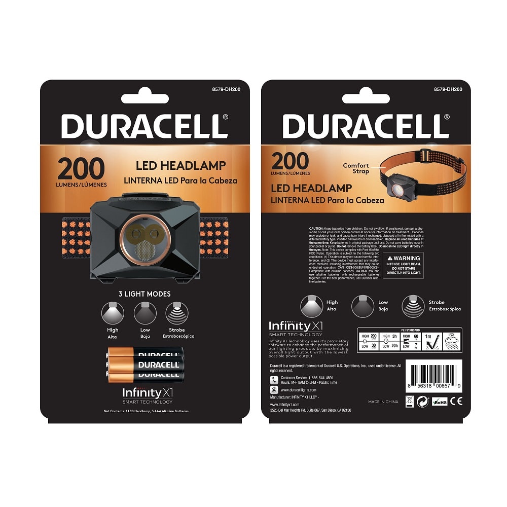 Linterna Frontal Duracell 200 Lúmenes + 3 AAA Alcalinas2
