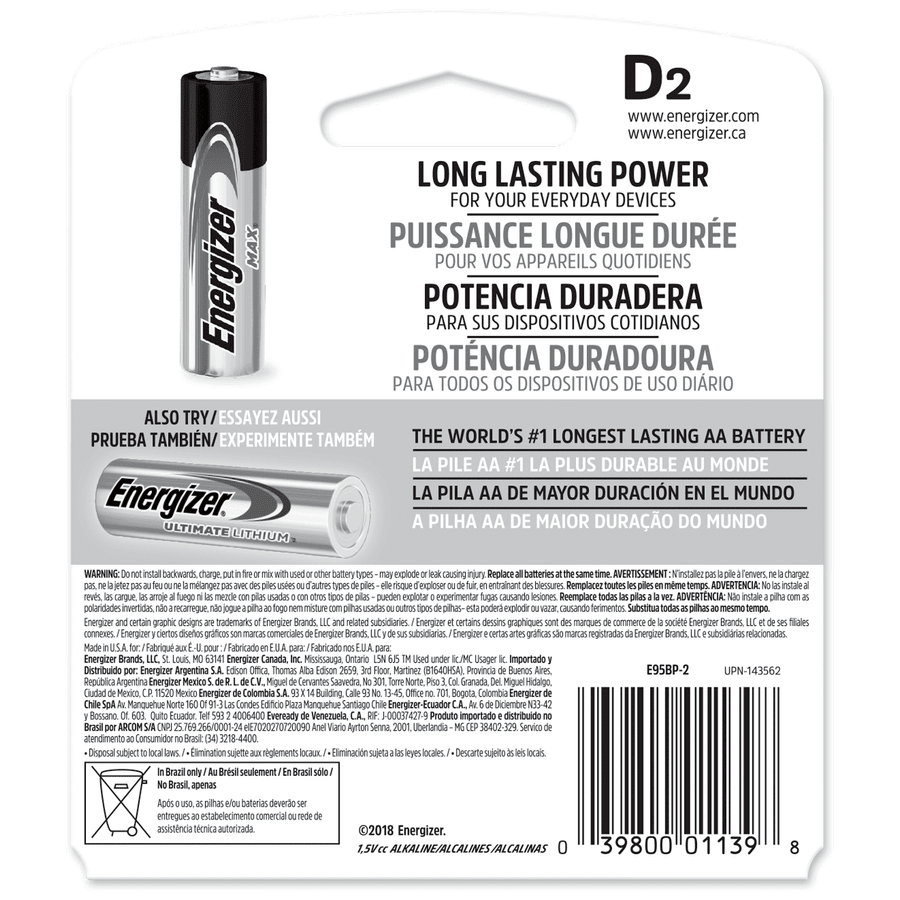 Pila Alcalina Energizer 1.5 V 2un. D3
