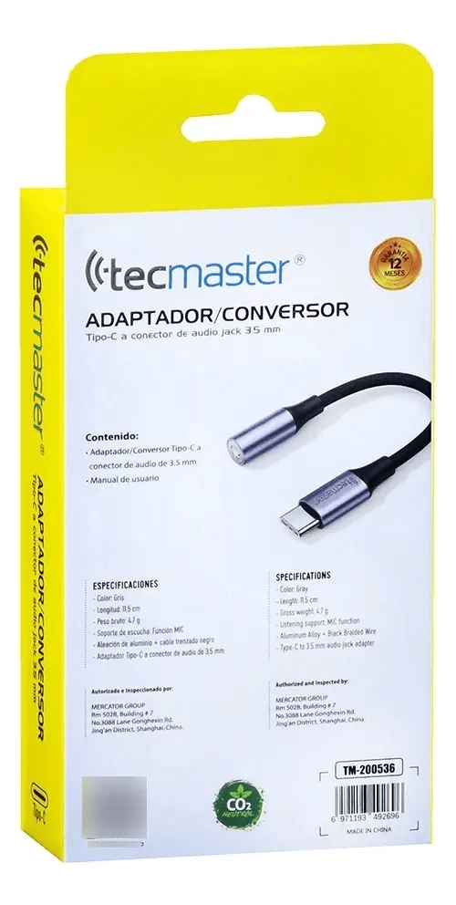Adaptador Tipo-C a Jack 3.5mm Tecmaster Gris3
