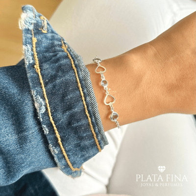 Pulsera Plata Corazones Lila1