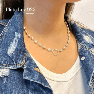 Collar Plata Rodinada Perlas de Corazón1