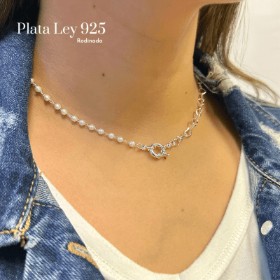 Collar Plata Rodinada Perlas y Corazones1