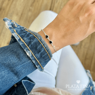 Pulsera Plata Corazones Negro1