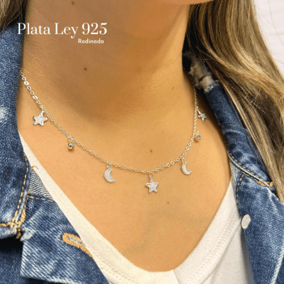 Collar Plata Rodinada Estrella Luna1