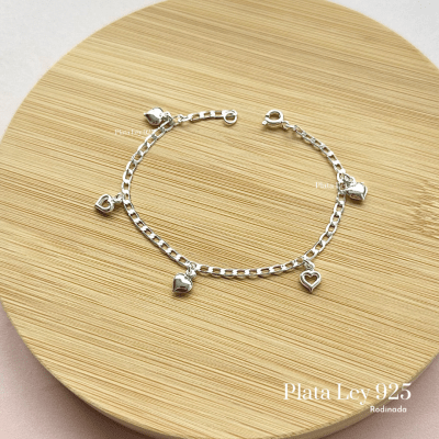 Pulsera Plata Rodinada Dije Corazones1