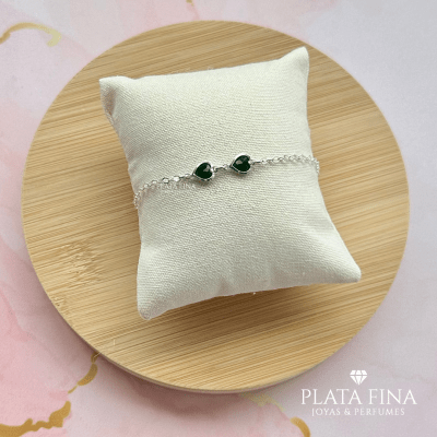 Pulsera Plata Corazones Verde1