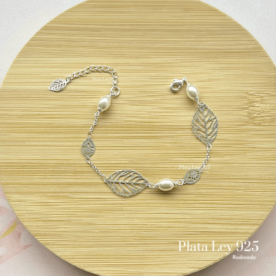 Pulsera Plata Rodinada Hojas y Perlas1