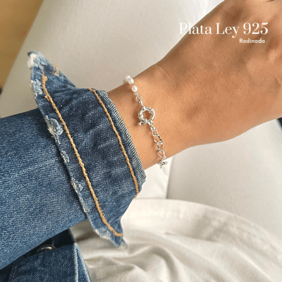 Pulsera Plata Rodinada Perlas y Corazón1