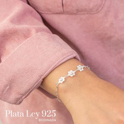 Pulsera Plata Rodinada Flor con Perlas1