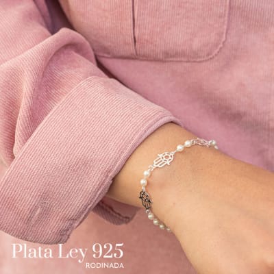 Pulsera Plata Rodinada Mano de Fátima con Perla1