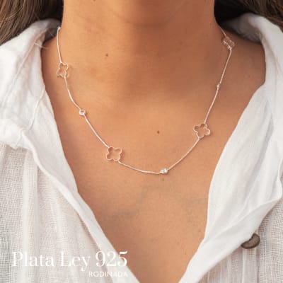 Collar Plata Rodinada Trébol Calado con Circonitas