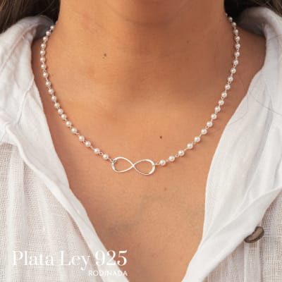 Collar Plata Rodinada Infinito con Perlas1