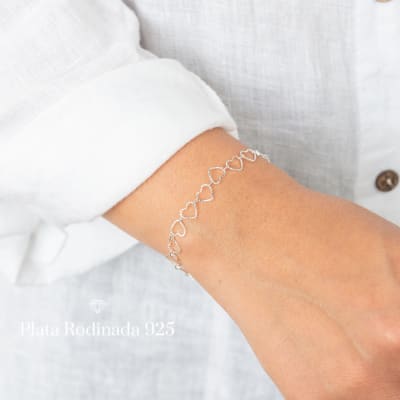 Pulsera Plata Rodinada Cadena de Corazones1