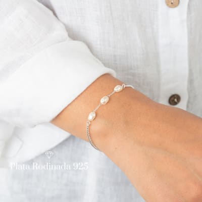 Pulsera Plata Rodinada Trío de Perlas