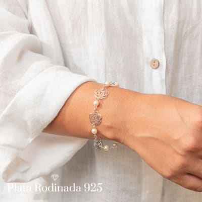 Pulsera Plata Rodinada Flores y Perlas