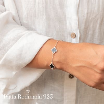 Pulsera Plata Rodinada Cleef y Negro