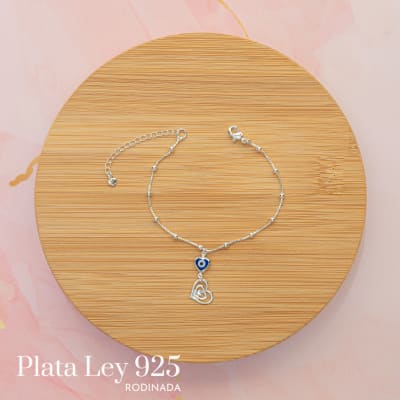 Pulsera Plata Rodinada Ojo Turco y Corazón2
