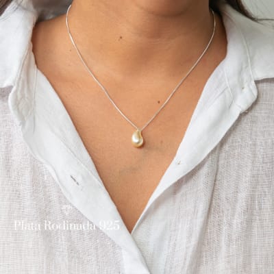 Collar Plata Rodinada Gota en Perlas