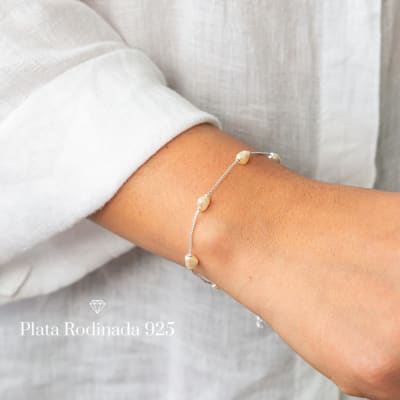 Pulsera Plata Rodinada Perla Mini Corazón1