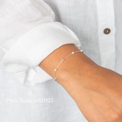 Pulsera Plata Rodinada Perlitas y Cuadrado