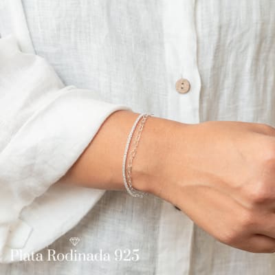 Pulsera Plata Rodinada Trenzada y Corazón