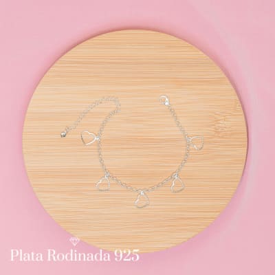 Pulsera Plata Rodinada Dijes Corazones