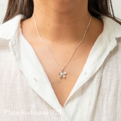 Collar Plata Rodinada Flor y Circonita1