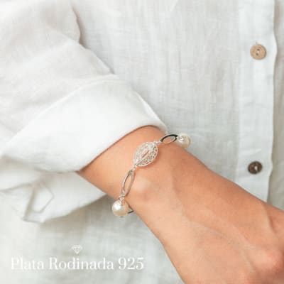 Pulsera Plata Rodinada Perlas y Tejido