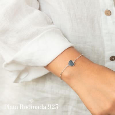 Pulsera Plata Rodinada Corazón Onix