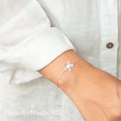 Pulsera Plata Rodinada Flor y Circonita