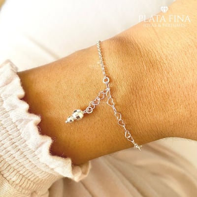 Pulsera Plata Corazón y Bolita1