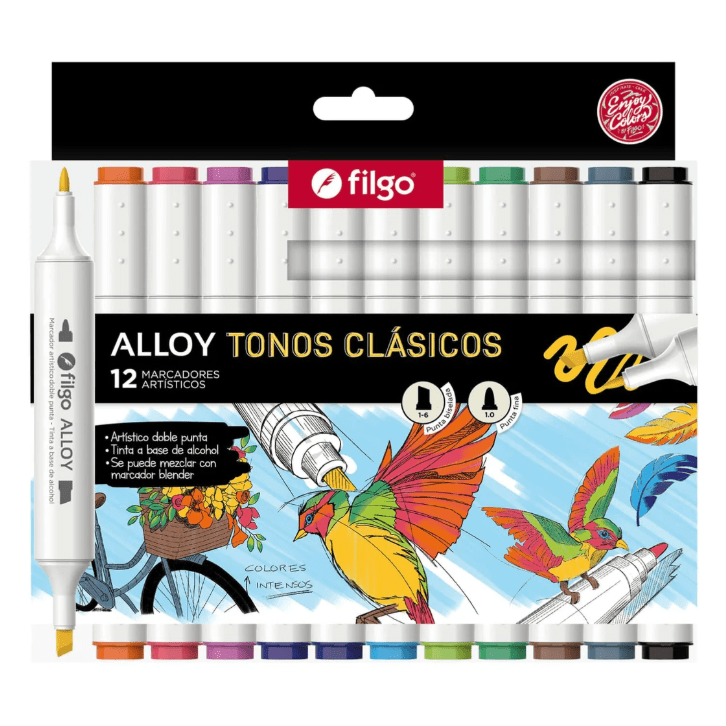 Marcadores Filgo Alloy 12 Colores Doble Punta Tinta Base Alcohol Vibrante1
