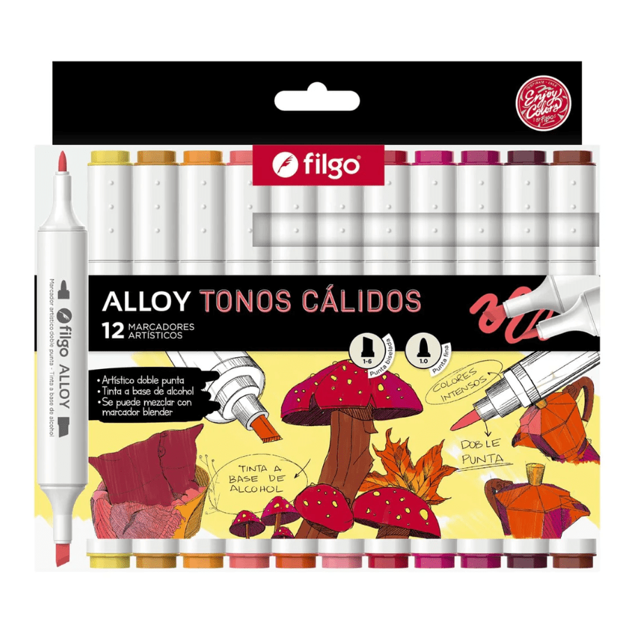 Set Marcadores Artísticos Doble Punta Alloy 12 Unidades Tonos Cálidos Filgo3