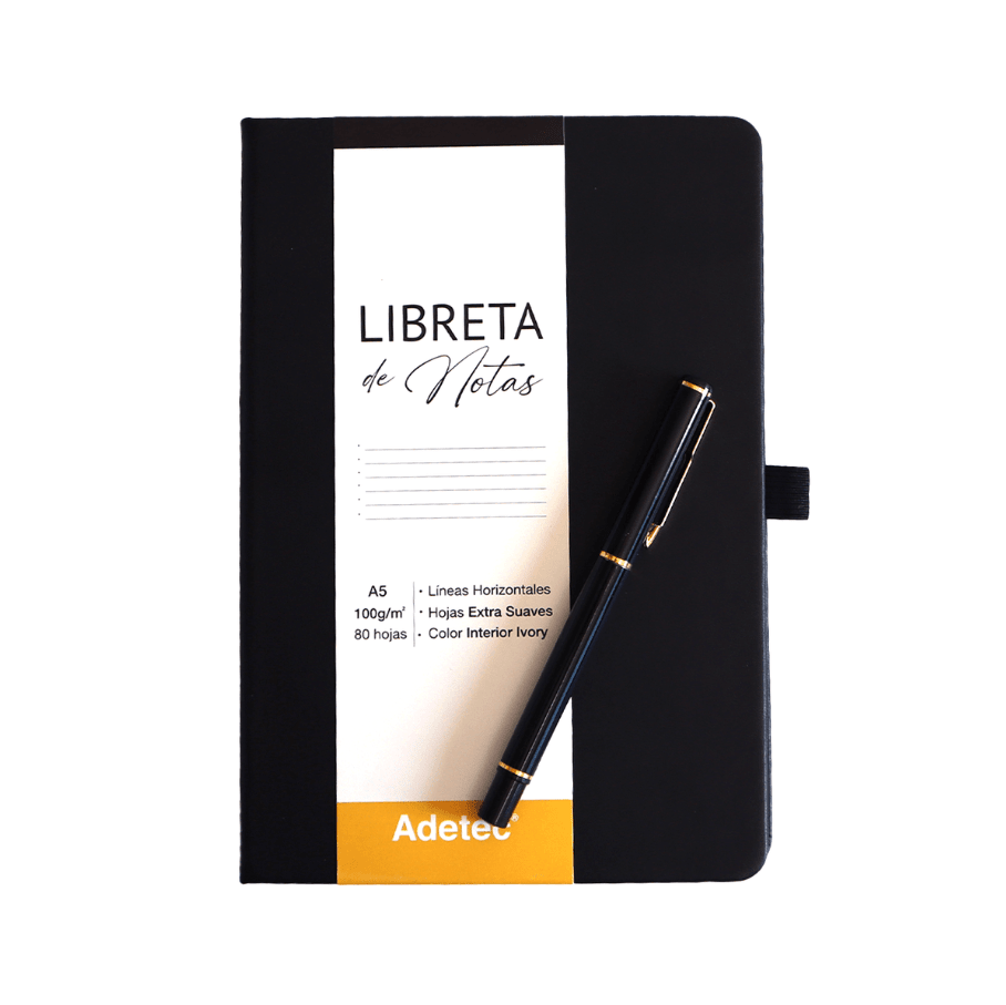 Caja Regalo Libreta Cocida A5 Negra con Lápiz Adetec1